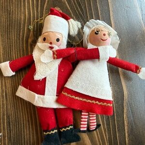 Vintage felt 1950's Santa and Mrs Claus Ornaments (two included)